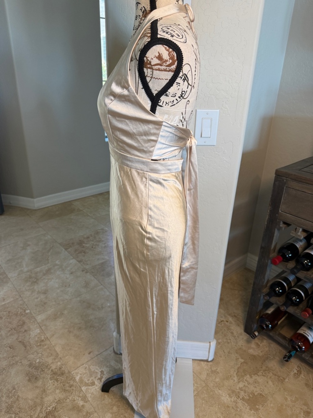 Plunging Satin Halter V-Neck with thigh high Slit Evening Gown in Champagne NWT - Picture 6 of 9